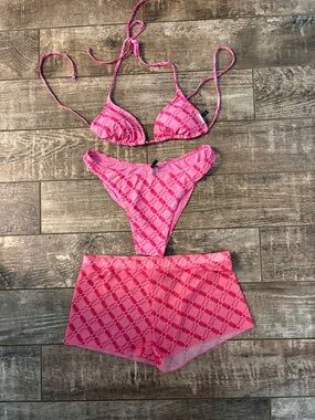 Kendall & Kylie Pink Plaid Triangle Bikini Set with Cover-Up
